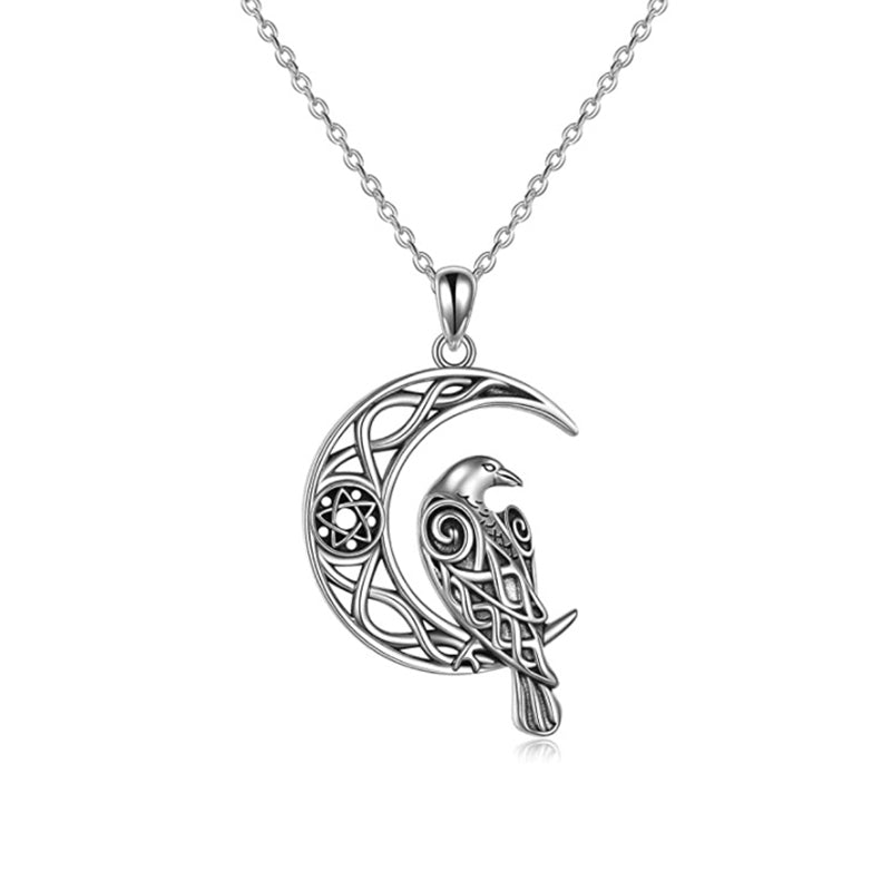 Nordic Viking Hollow Moon Odin Crow Pendant Necklaces