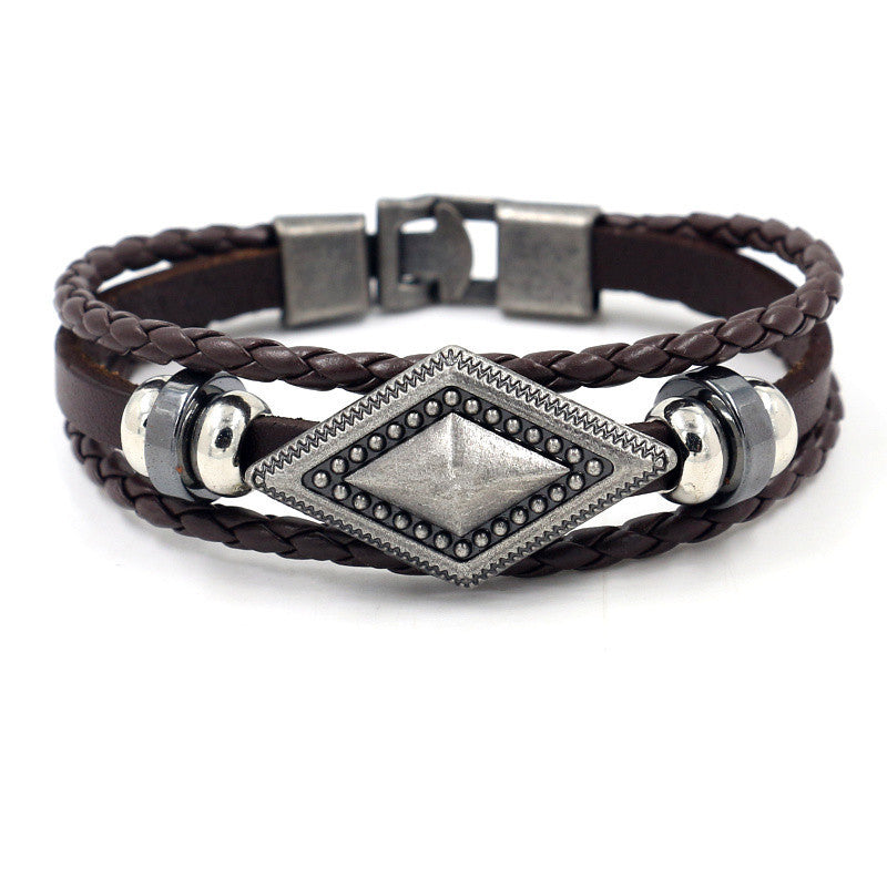 Men's double buckle braided cowhide bracelet