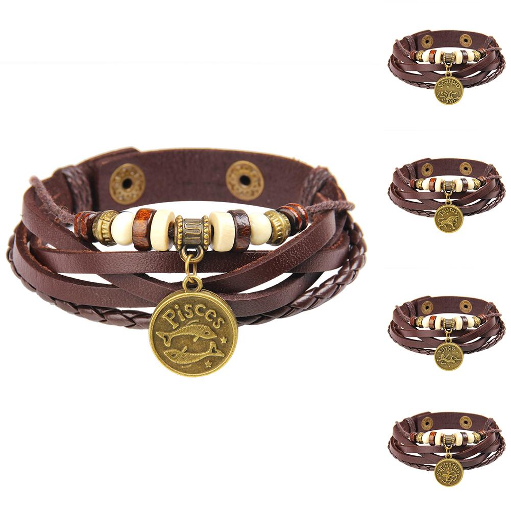 Newest Fashion Retro Astrological Sign Coin Lucky Charm Multi-layer Faux Leather Unisex Bracelet