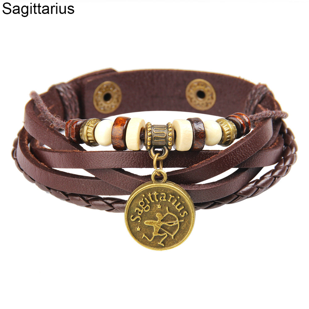 Newest Fashion Retro Astrological Sign Coin Lucky Charm Multi-layer Faux Leather Unisex Bracelet