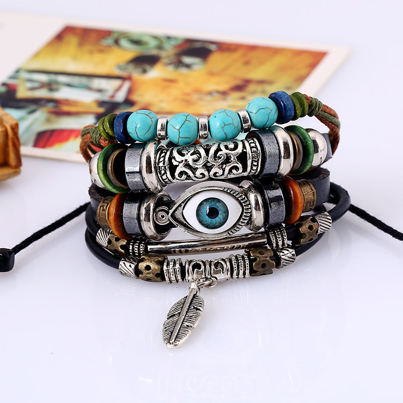 Layered Blue Eye Leather Bracelet