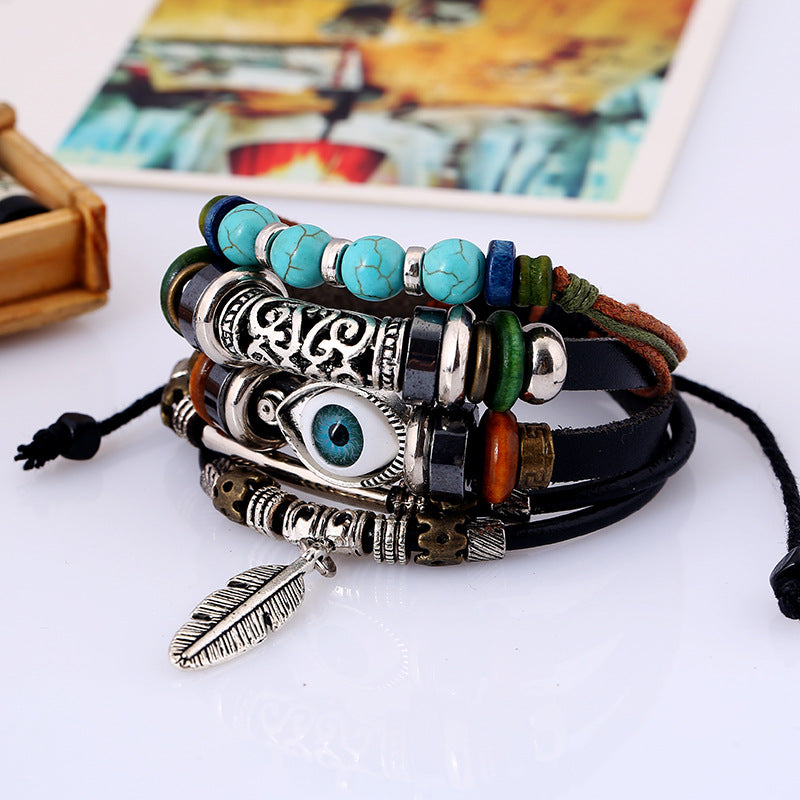 Layered Blue Eye Leather Bracelet