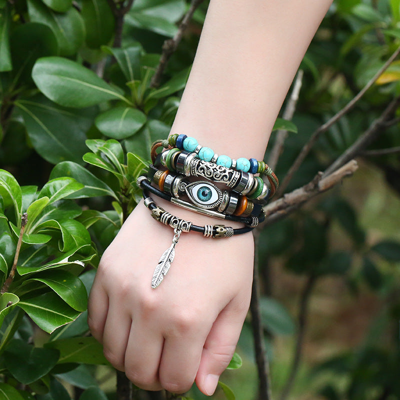 Layered Blue Eye Leather Bracelet