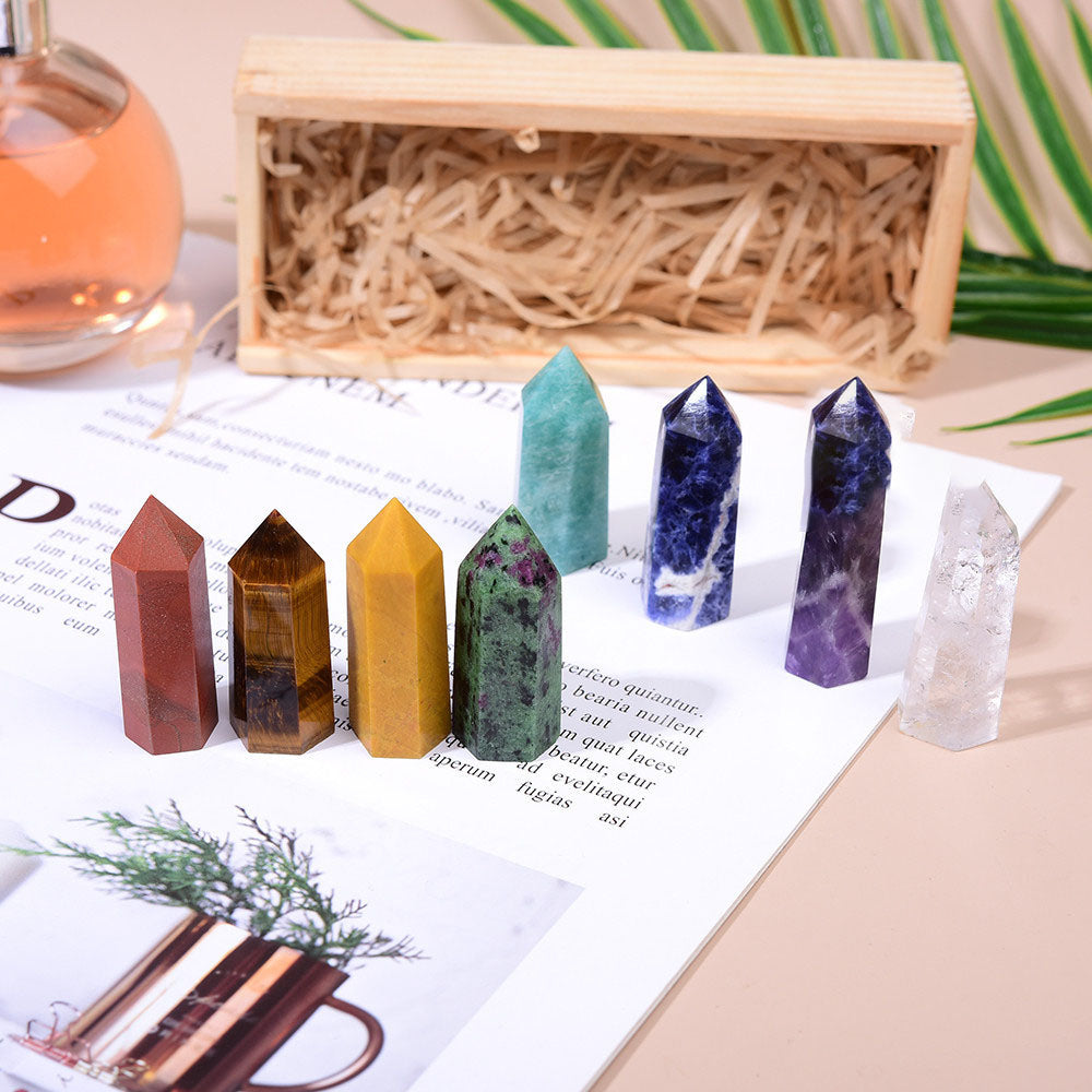 Donghai Natural Crystal Single Pointed Column Set White Crystal  Crystal Eight-Color Wooden Box