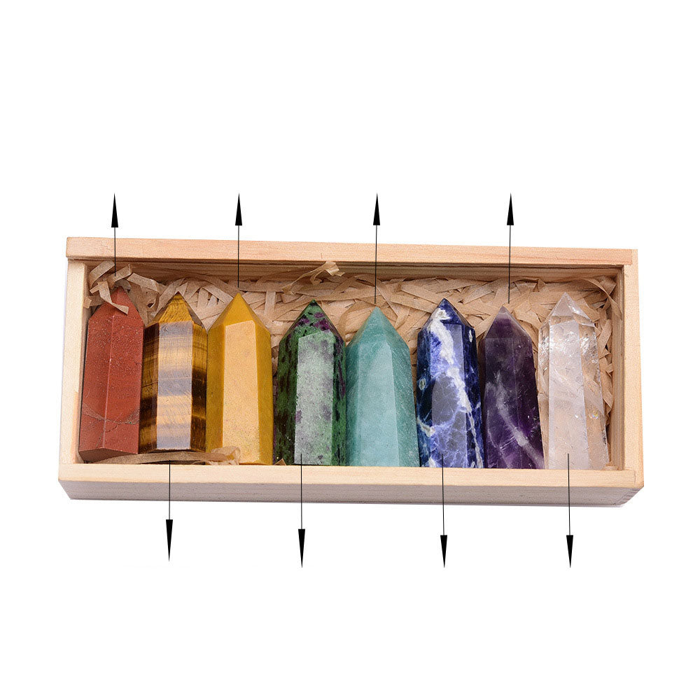 Donghai Natural Crystal Single Pointed Column Set White Crystal  Crystal Eight-Color Wooden Box