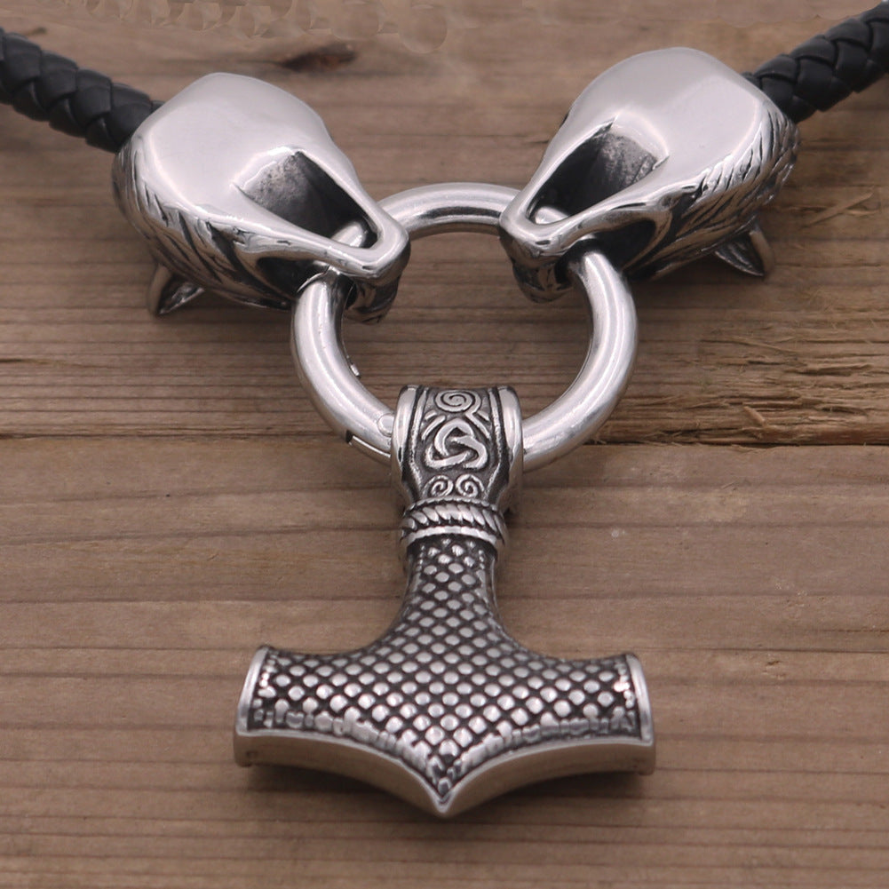 Viking Wolf Head With Mjolnir Pendant