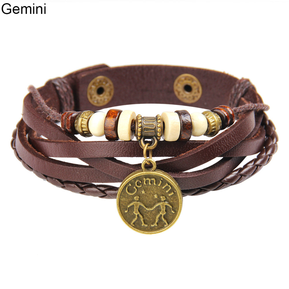 Newest Fashion Retro Astrological Sign Coin Lucky Charm Multi-layer Faux Leather Unisex Bracelet