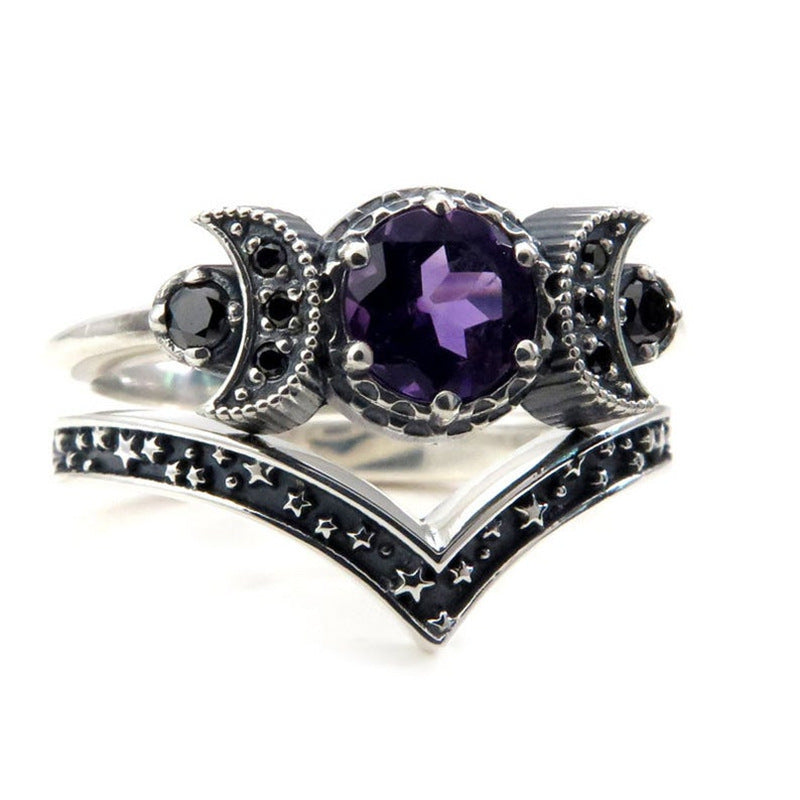 Triple Moon Goddess Gothic Purple Crystal Ring