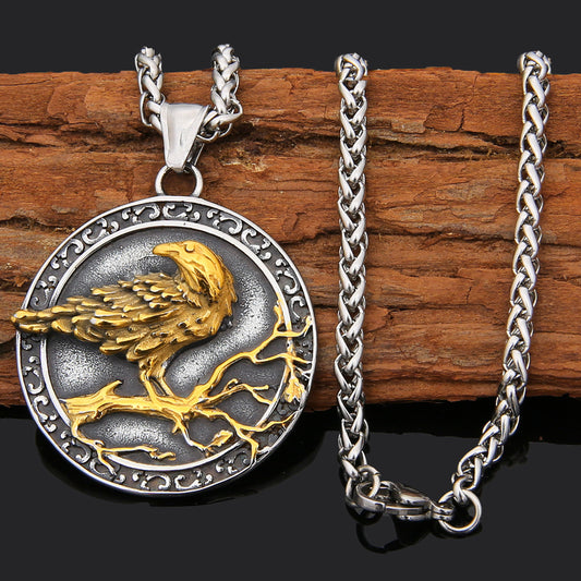 Viking Crow Bird Stainless Steel Pendant Necklace