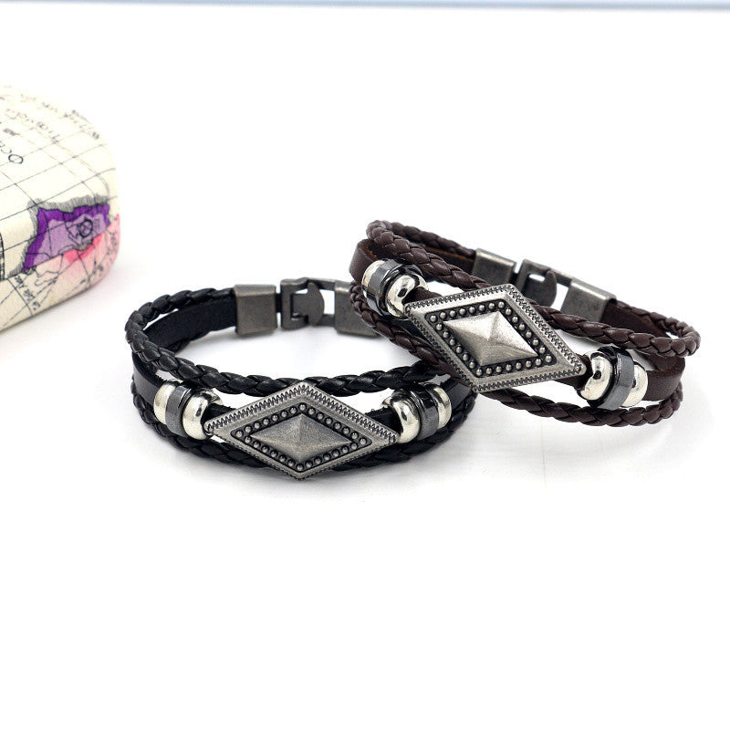 Men's double buckle braided cowhide bracelet