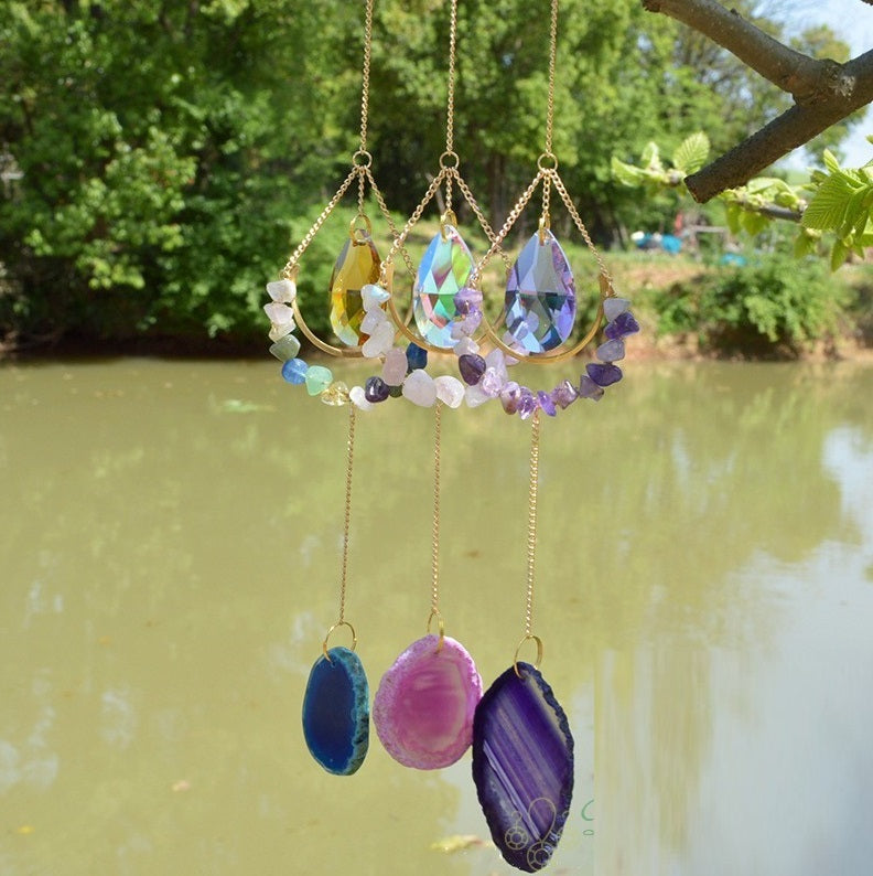 Natural Crystal Agate Chip Gravel Moon Handmade Wind Chime Pendant