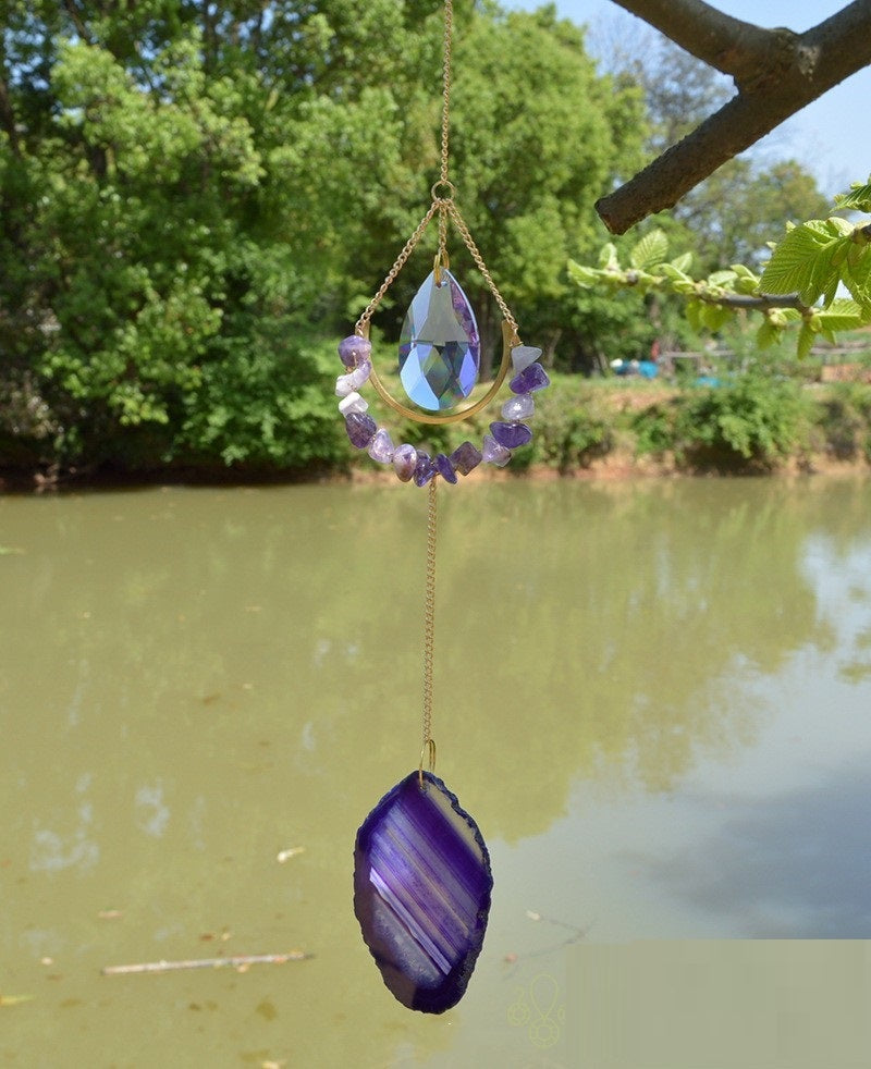 Natural Crystal Agate Chip Gravel Moon Handmade Wind Chime Pendant