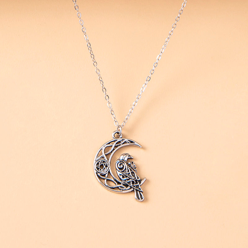 Nordic Viking Hollow Moon Odin Crow Pendant Necklaces