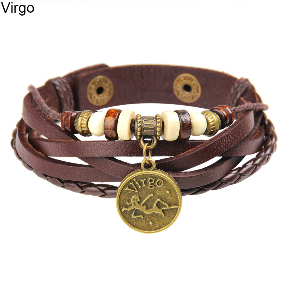 Newest Fashion Retro Astrological Sign Coin Lucky Charm Multi-layer Faux Leather Unisex Bracelet