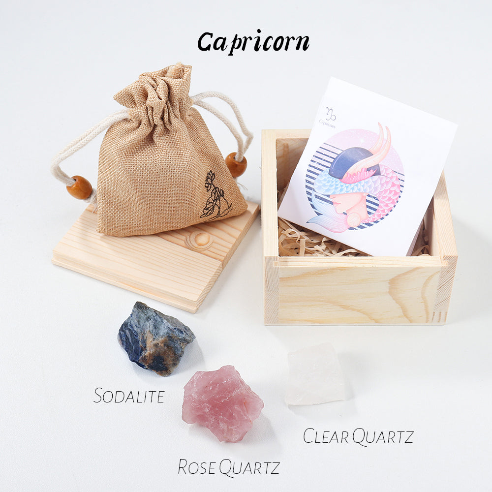 Natural Crystal Twelve Constellations Wooden Box Cloth Bag Gift Handmade