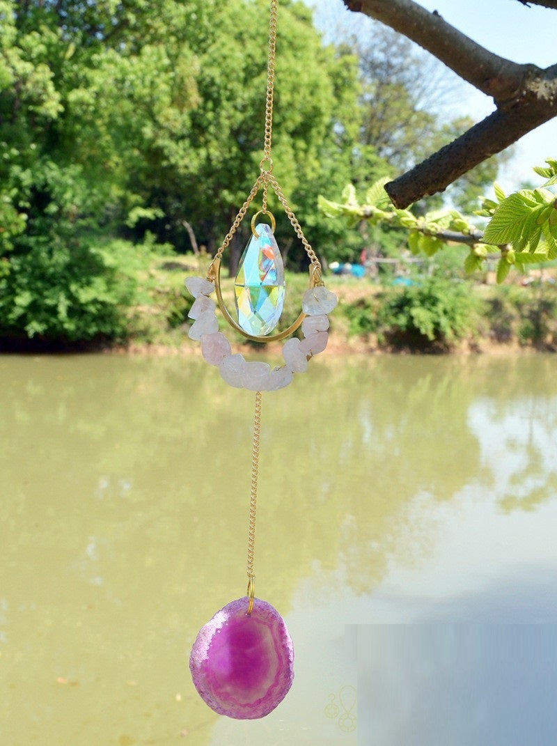 Natural Crystal Agate Chip Gravel Moon Handmade Wind Chime Pendant