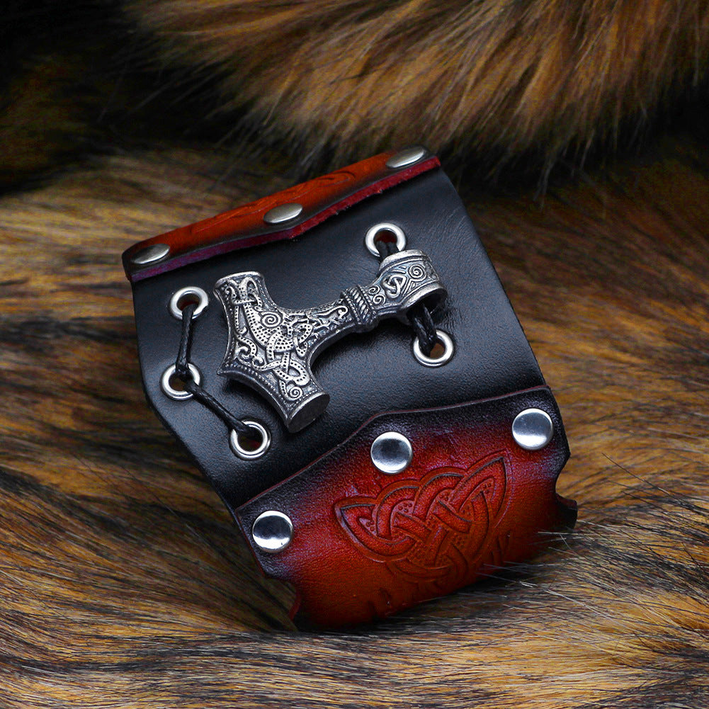 Nordic Viking Thunderbolt Hammer Cowhide Bracelet