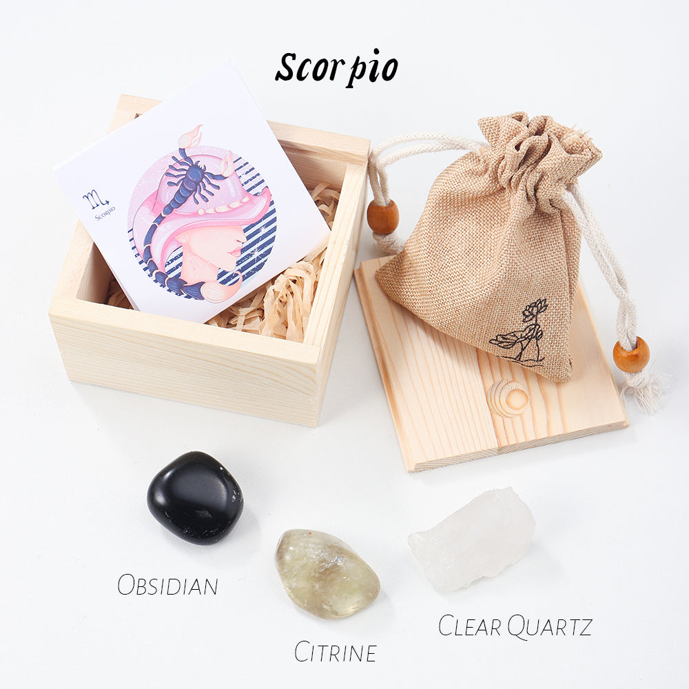 Natural Crystal Twelve Constellations Wooden Box Cloth Bag Gift Handmade