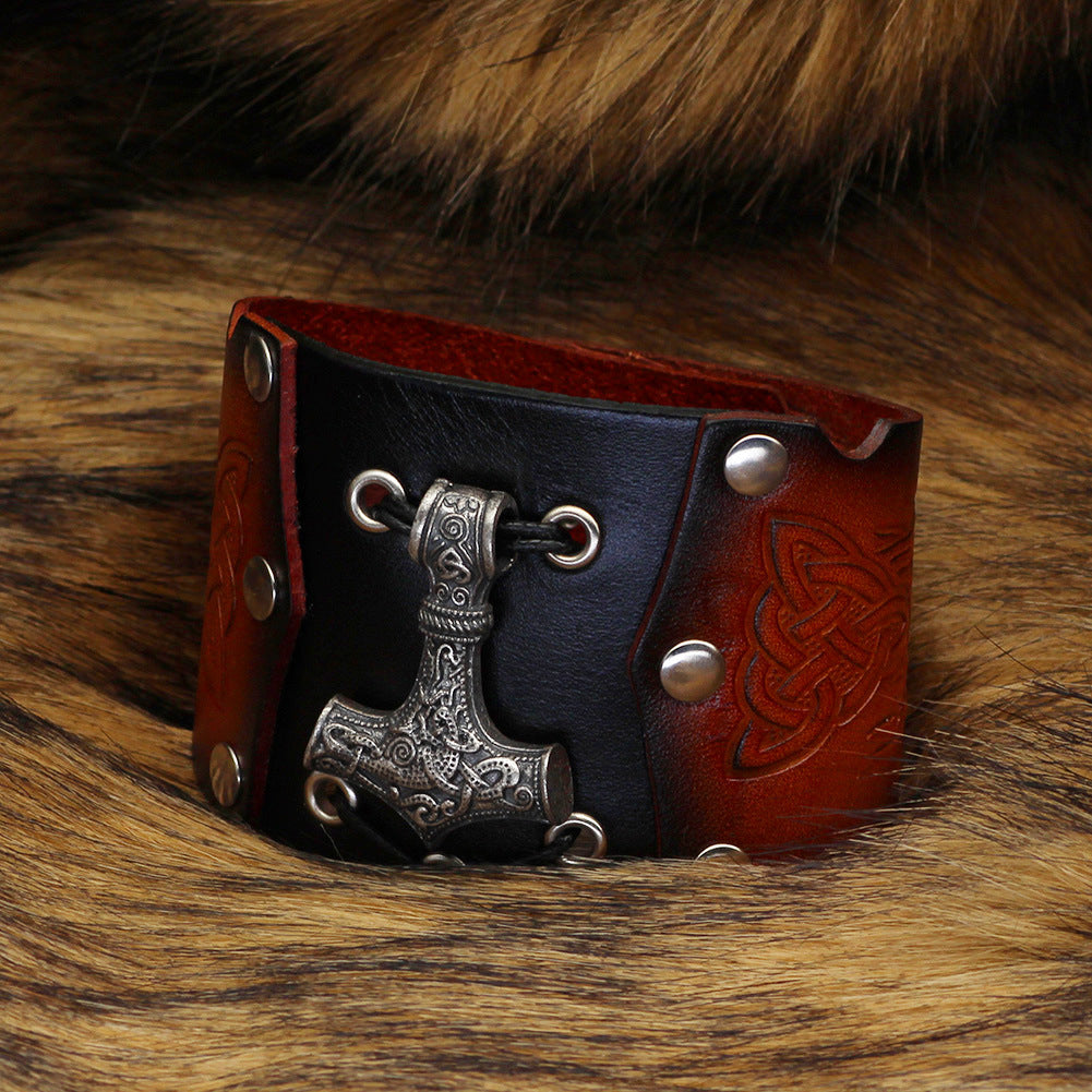 Nordic Viking Thunderbolt Hammer Cowhide Bracelet